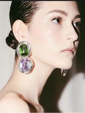 Silver Drop Earrings with Green and Purple Stones - Women Jewelry